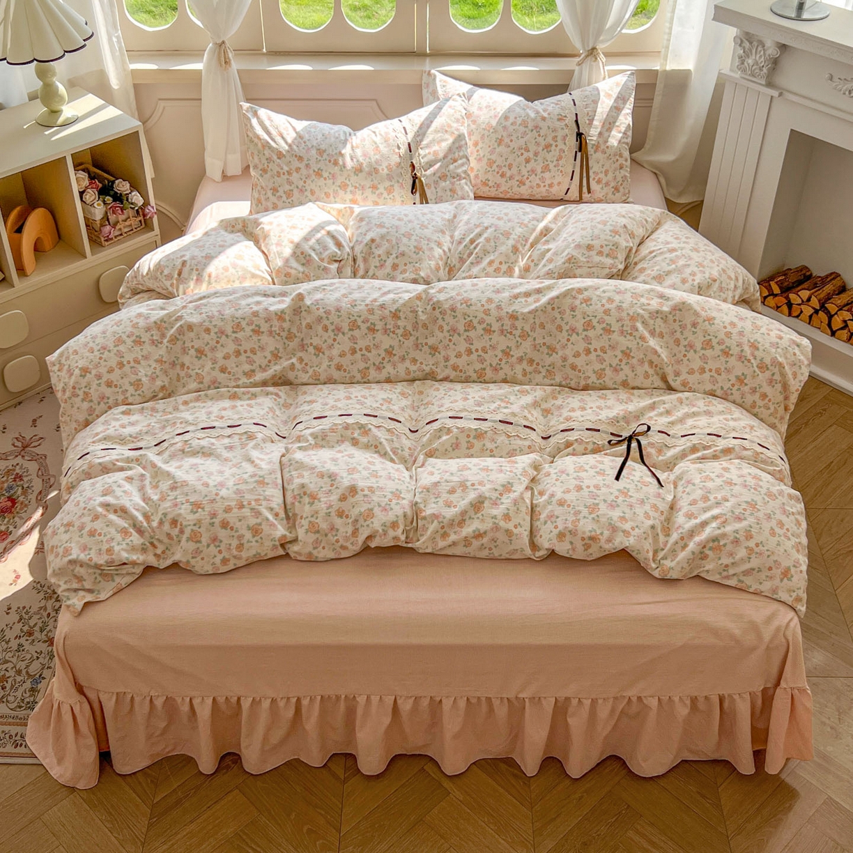 91家纺网 家纺一手货源 找家纺 老K (原美阁） 2025新款床裙款蝴蝶结细丝斜纹韩版四件套 悠然雅居