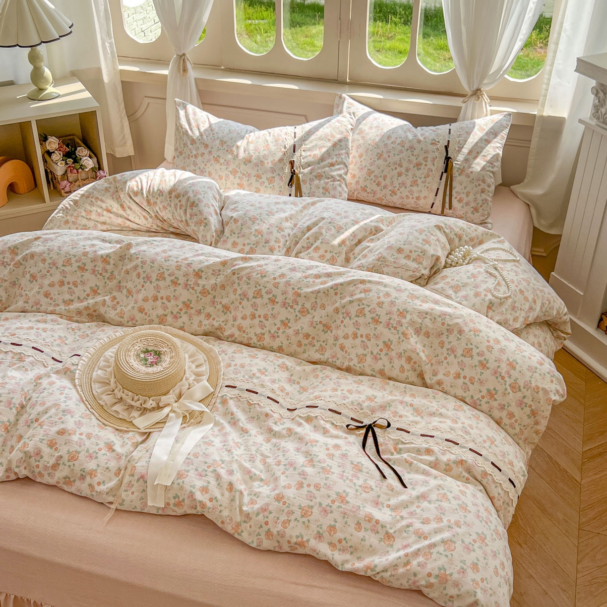 91家纺网 家纺一手货源 找家纺 老K (原美阁） 2025新款床裙款蝴蝶结细丝斜纹韩版四件套 悠然雅居