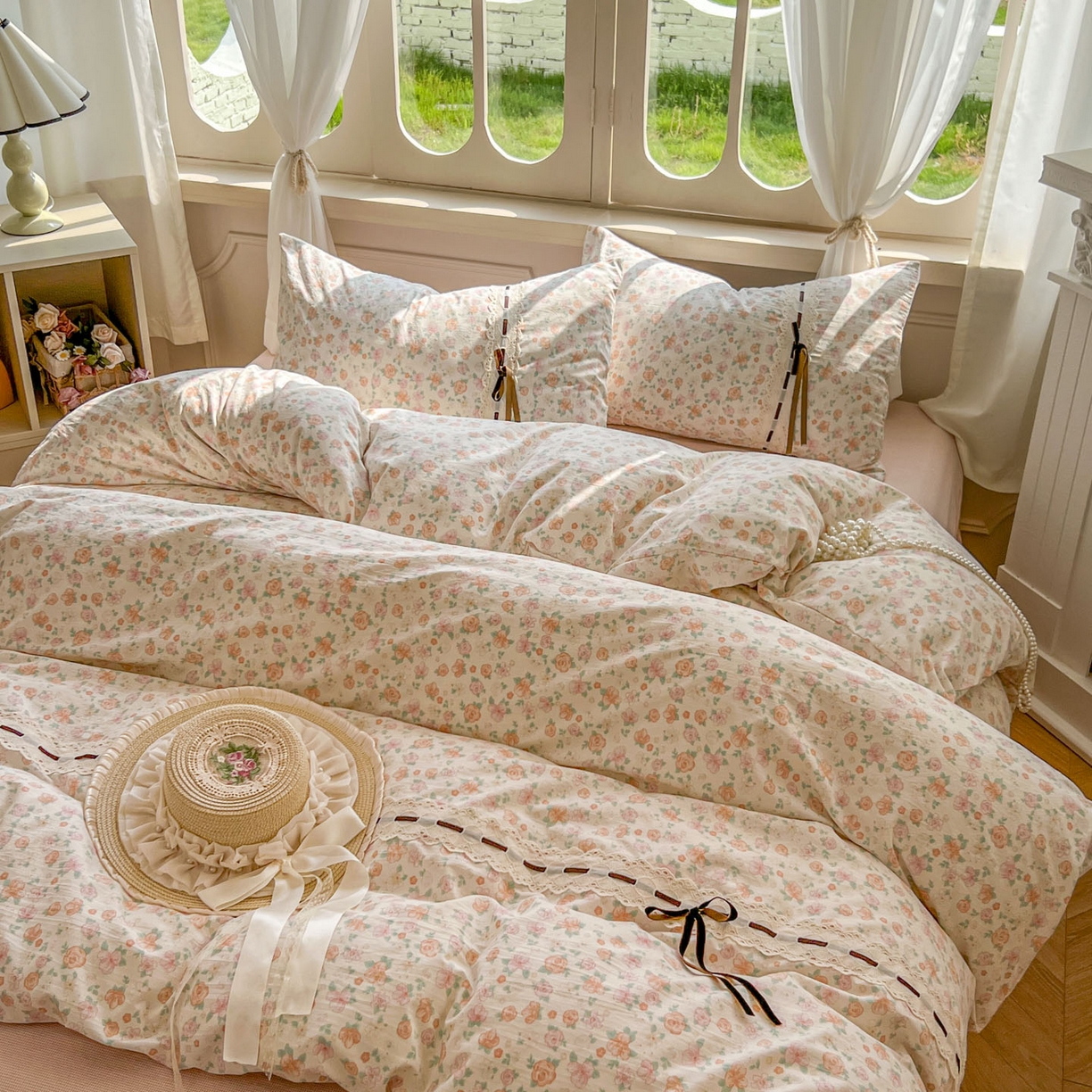 91家纺网 家纺一手货源 找家纺 老K (原美阁） 2025新款床裙款蝴蝶结细丝斜纹韩版四件套 悠然雅居