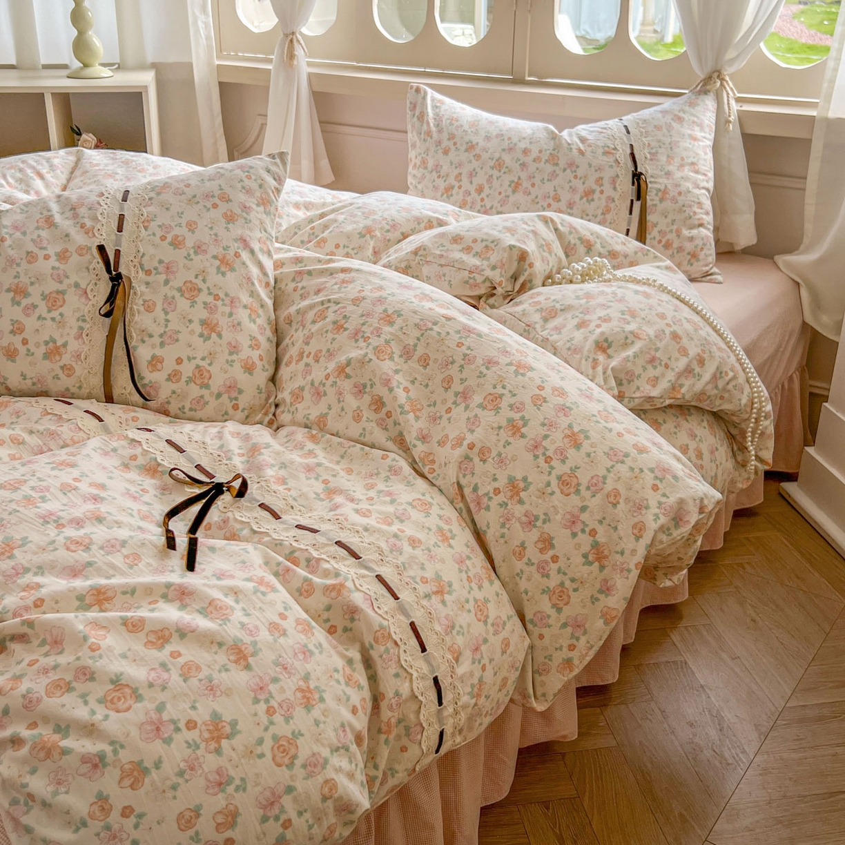 91家纺网 家纺一手货源 找家纺 老K (原美阁） 2025新款床裙款蝴蝶结细丝斜纹韩版四件套 悠然雅居