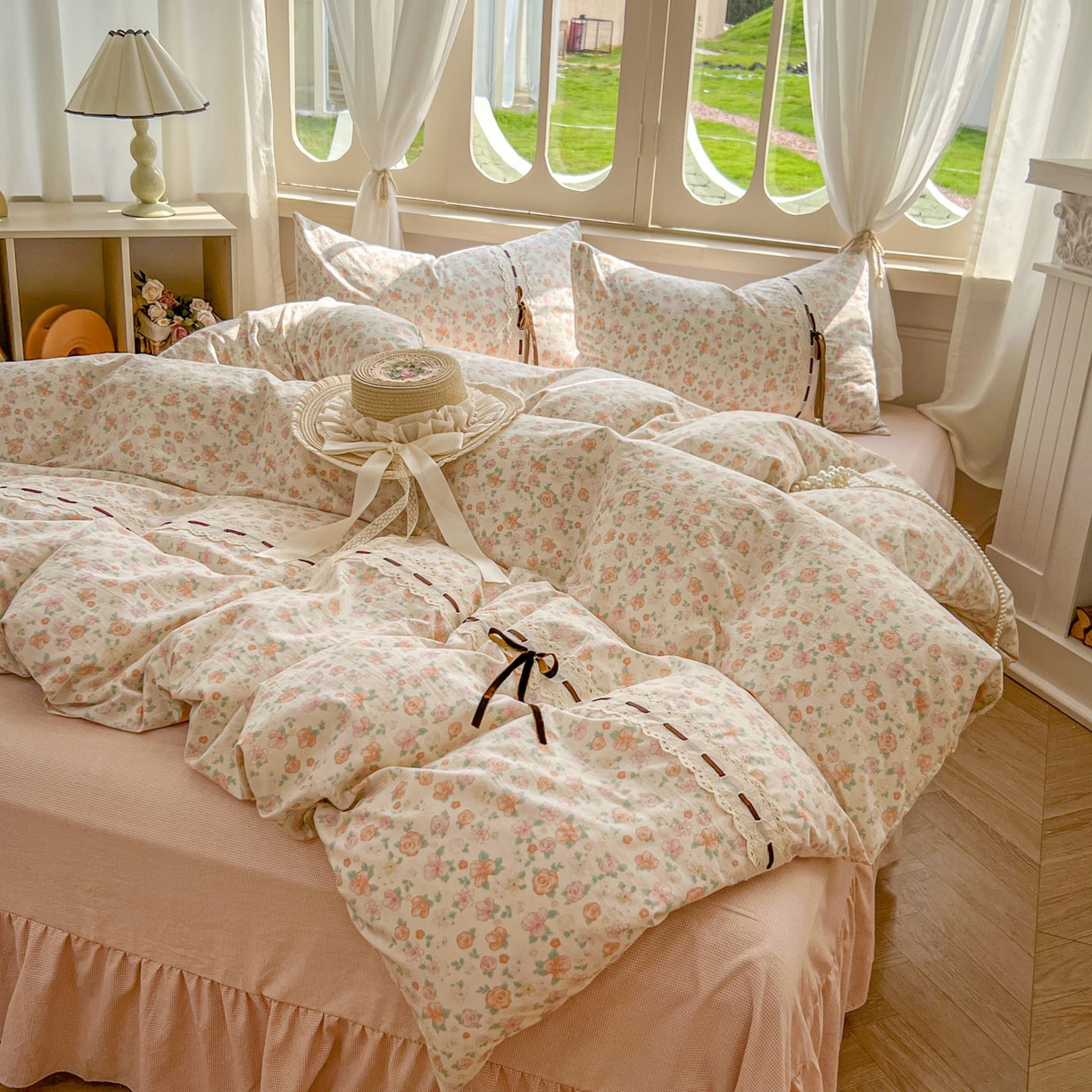 91家纺网 家纺一手货源 找家纺 老K (原美阁） 2025新款床裙款蝴蝶结细丝斜纹韩版四件套 悠然雅居