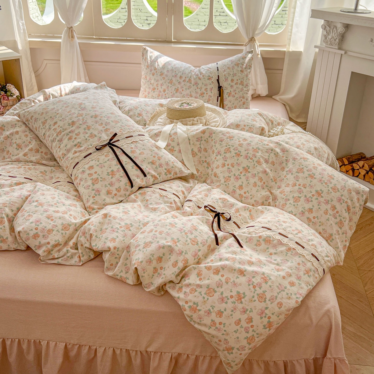 91家纺网 家纺一手货源 找家纺 老K (原美阁） 2025新款床裙款蝴蝶结细丝斜纹韩版四件套 悠然雅居