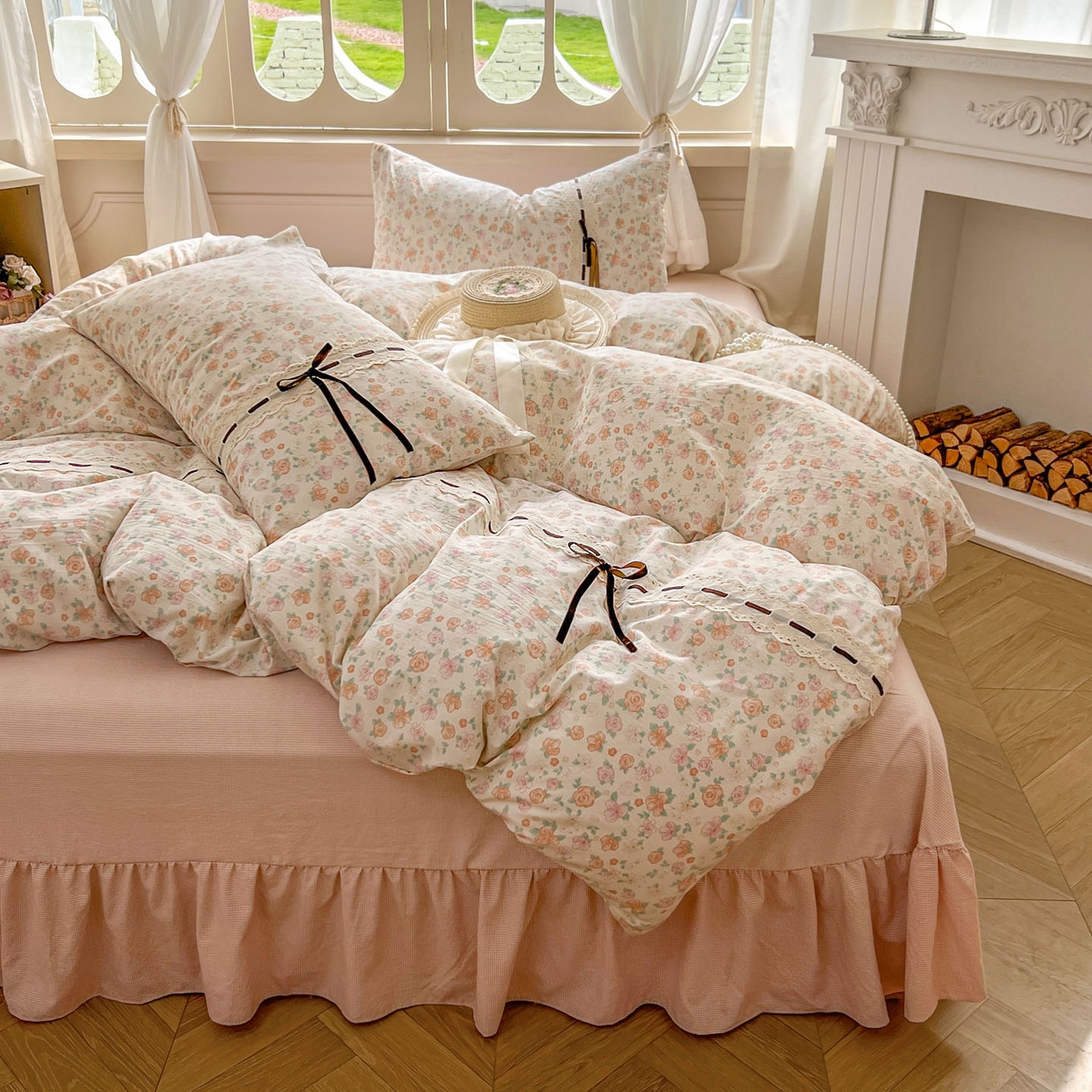 91家纺网 家纺一手货源 找家纺 老K (原美阁） 2025新款床裙款蝴蝶结细丝斜纹韩版四件套 悠然雅居