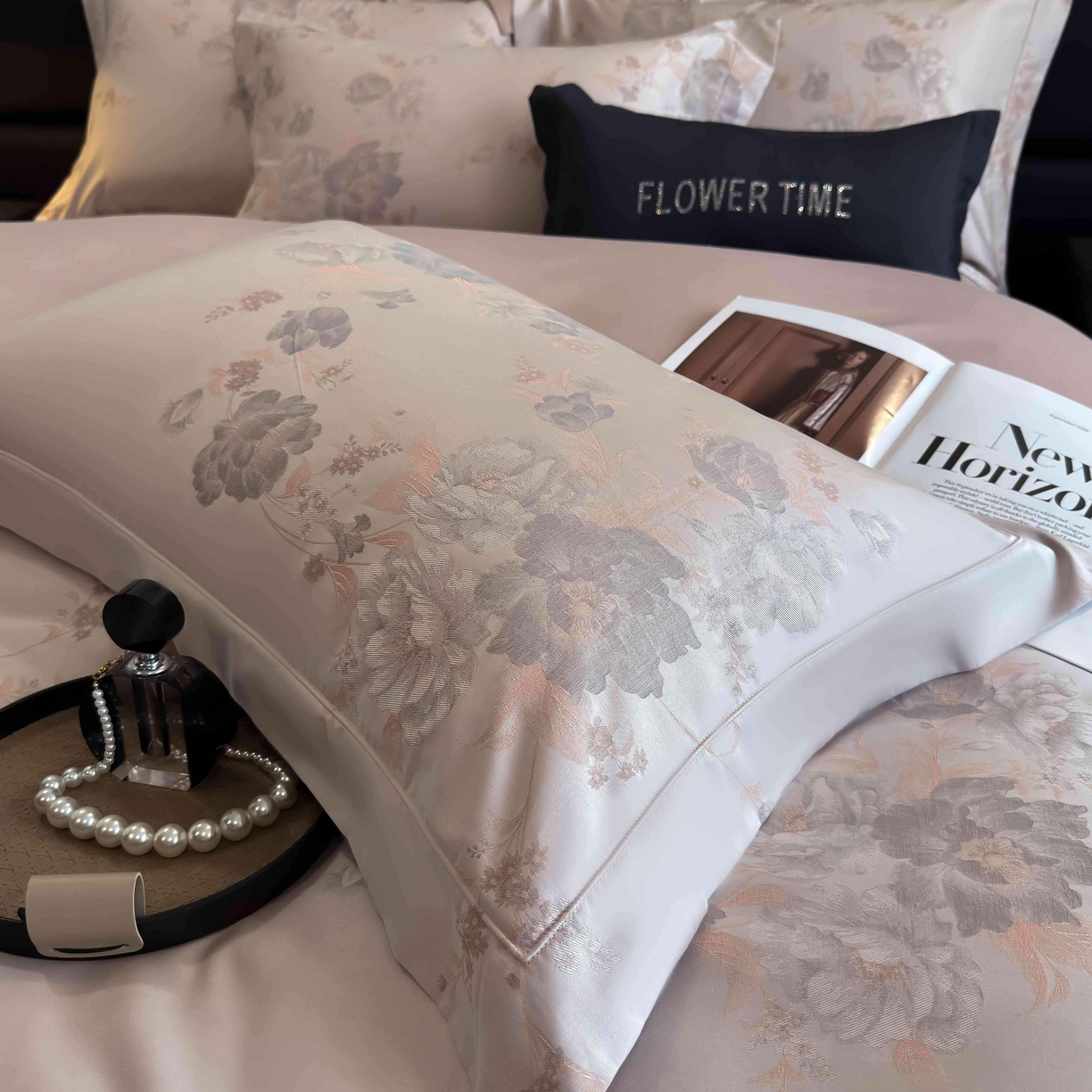 91家纺网 家纺一手货源 找家纺 花时间 2025新款100支天丝棉提花四件套 巴黎花语-粉