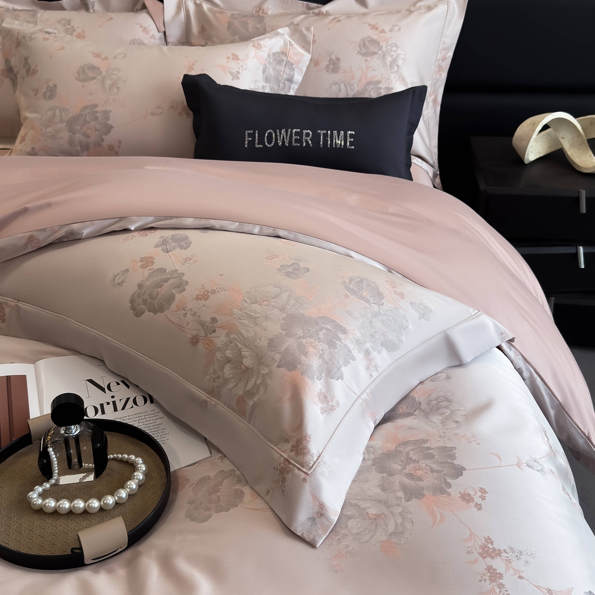 91家纺网 家纺一手货源 找家纺 花时间 2025新款100支天丝棉提花四件套 巴黎花语-粉