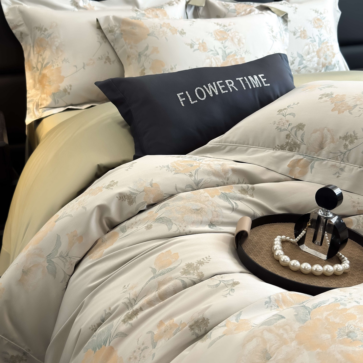 91家纺网 家纺一手货源 找家纺 花时间 2025新款100支天丝棉提花四件套 巴黎花语-绿