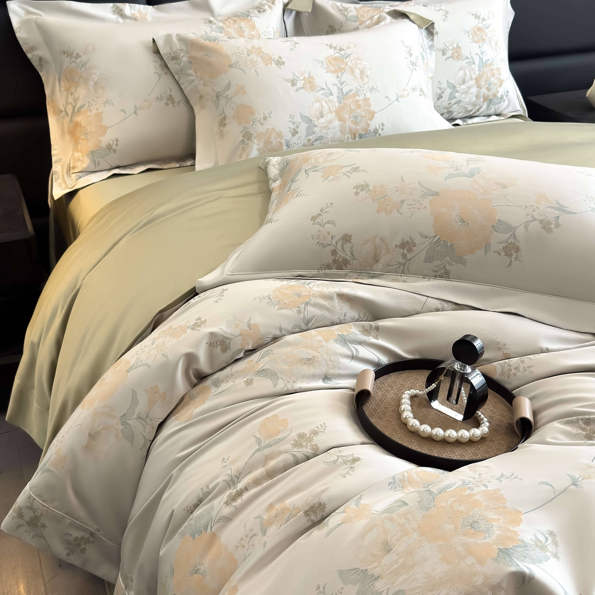 91家纺网 家纺一手货源 找家纺 花时间 2025新款100支天丝棉提花四件套 巴黎花语-绿