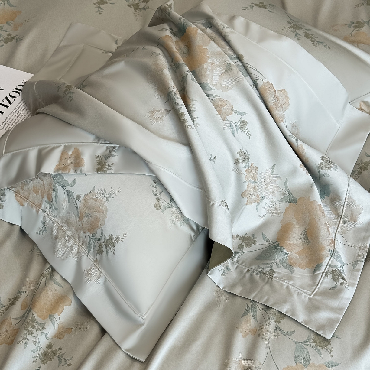 91家纺网 家纺一手货源 找家纺 花时间 2025新款100支天丝棉提花四件套 巴黎花语-绿