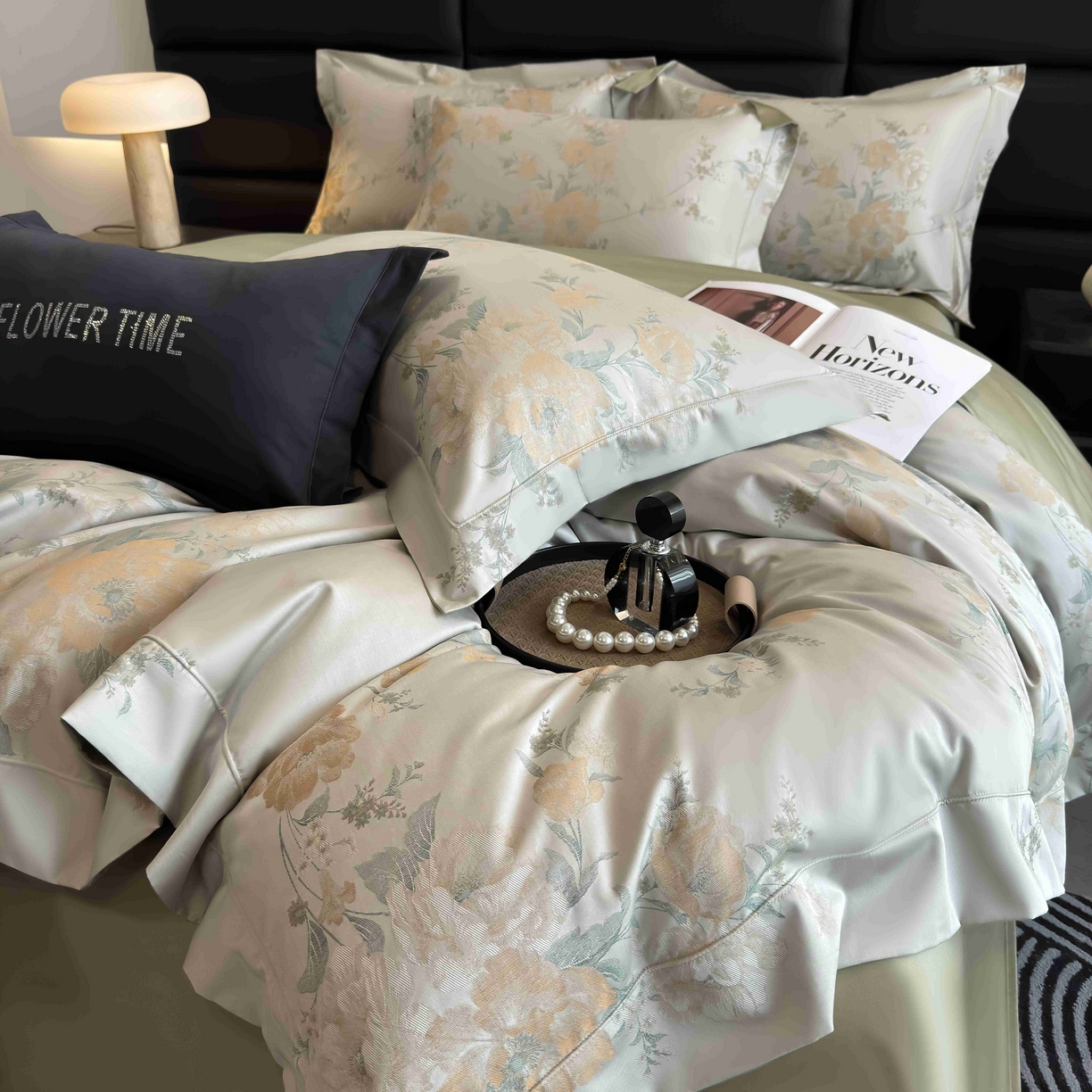 91家纺网 家纺一手货源 找家纺 花时间 2025新款100支天丝棉提花四件套 巴黎花语-绿