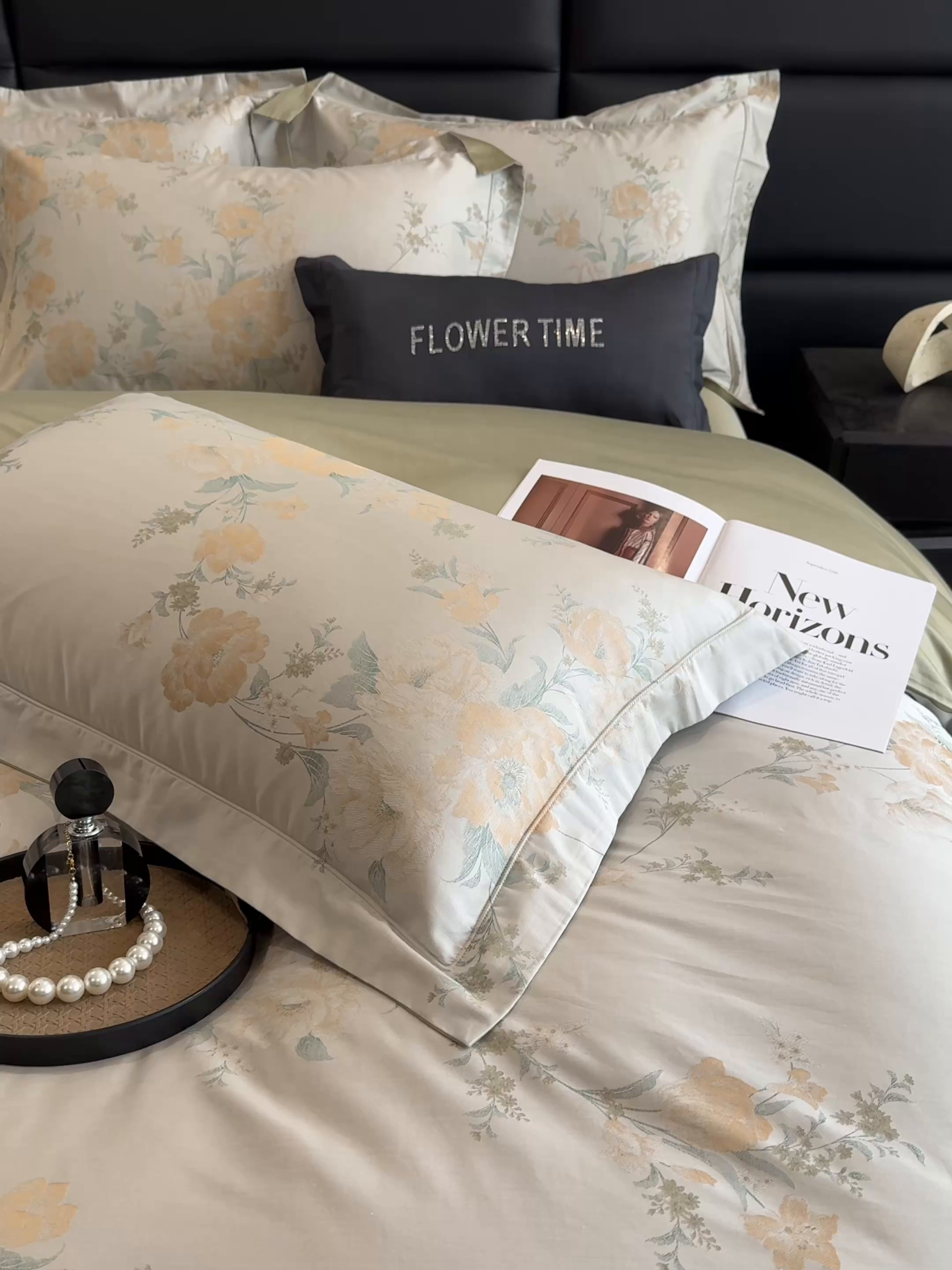 91家纺网 家纺一手货源 找家纺 花时间 2025新款100支天丝棉提花四件套 巴黎花语-绿