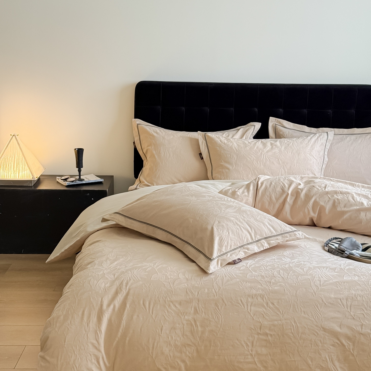 于果 2025新款全棉纯棉亮面立体浮雕磨毛四件套 古屿-米杏