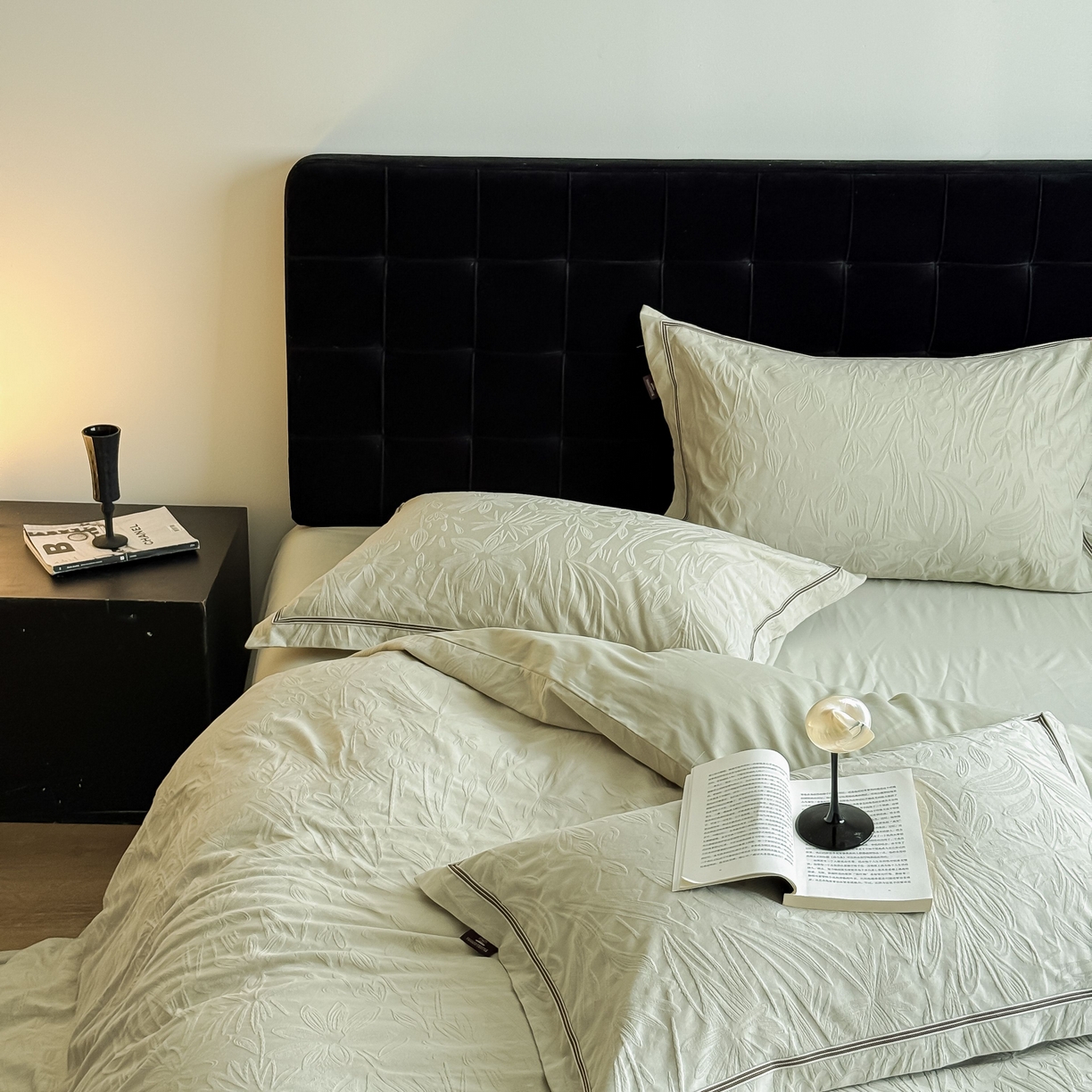 91家纺网 家纺一手货源 找家纺 于果 2025新款全棉纯棉亮面立体浮雕磨毛四件套 秘境-奶绿