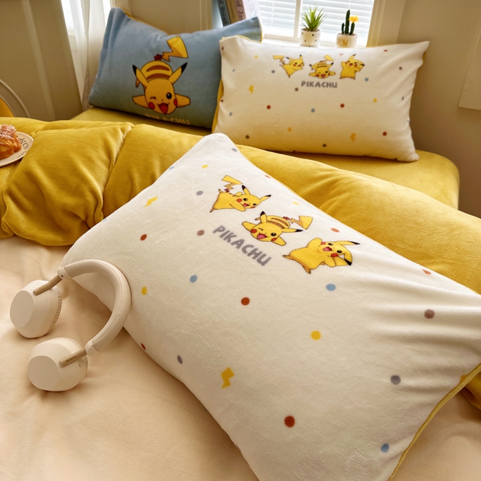 91家纺网 家纺一手货源 找家纺 徕米家居 2025新款A类牛奶绒毛巾绣卡通四件套 闪电皮卡丘