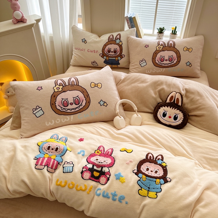 徕米家居 2025新款卡通毛巾绣绣花牛奶绒四件套 拉布布