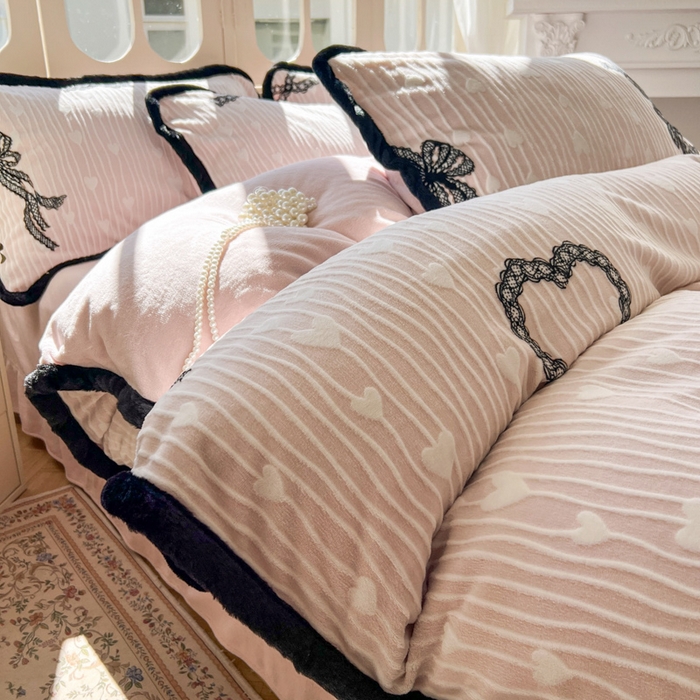 Mata蔓塔家 2025新款小清新牛奶绒雕花兔毛绒包边四件套 蕾丝公主