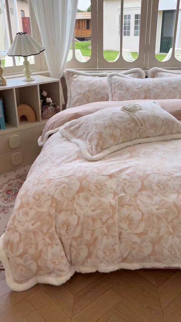 91家纺网 家纺一手货源 找家纺 Mata蔓塔家 2025新款小清新牛奶绒雕花兔毛绒包边四件套 暖杏花语