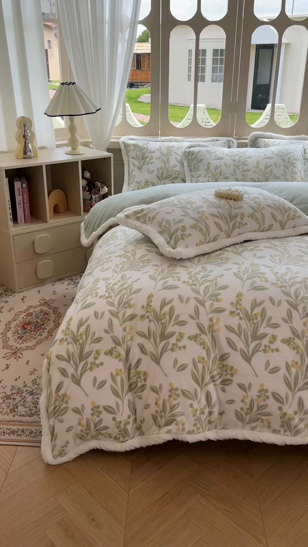 91家纺网 家纺一手货源 找家纺 Mata蔓塔家 2025新款小清新牛奶绒雕花兔毛绒包边四件套 浅草听风