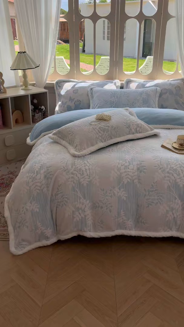 91家纺网 家纺一手货源 找家纺 Mata蔓塔家 2025新款小清新牛奶绒雕花兔毛绒包边四件套 浅蓝叶梦