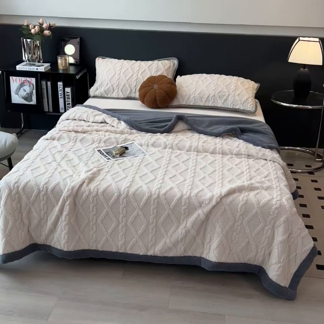 91家纺网 家纺一手货源 找家纺 云恋家纺 2025新款卡通加厚雪花绒双层毛毯 塔芙绒毛毯-极简米