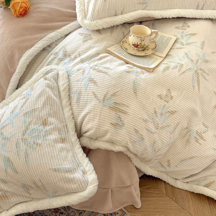 91家纺网 家纺一手货源 找家纺 Mata蔓塔家 2025新款小清新牛奶绒雕花兔毛绒包边四件套 竹蝶伴眠