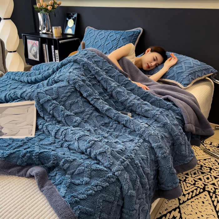 91家纺网 家纺一手货源 找家纺 云恋家纺 2025新款卡通加厚雪花绒双层毛毯 塔芙绒毛毯-柔蓝