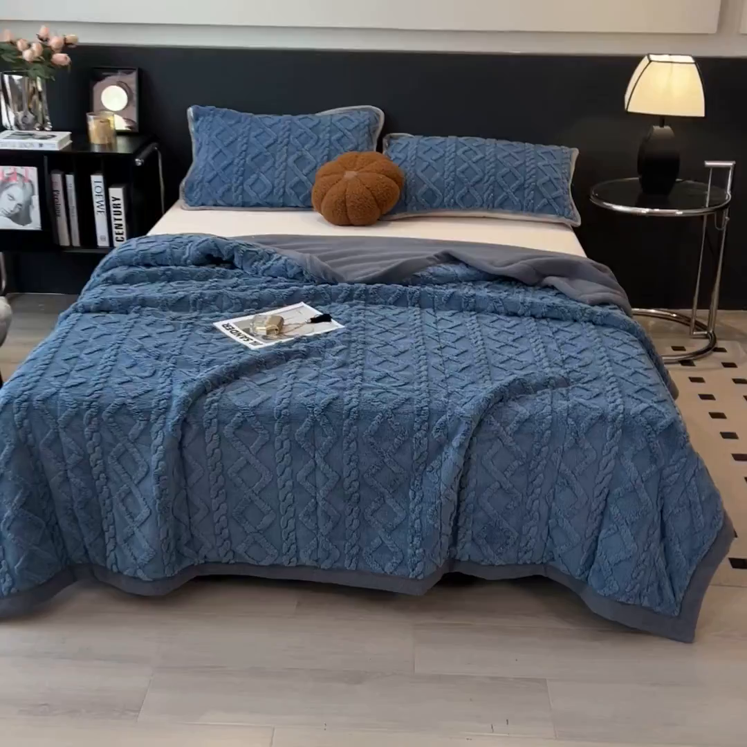 91家纺网 家纺一手货源 找家纺 云恋家纺 2025新款卡通加厚雪花绒双层毛毯 塔芙绒毛毯-柔蓝