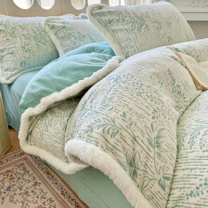 Mata蔓塔家 2025新款小清新牛奶绒雕花兔毛绒包边四件套 竹影清眠