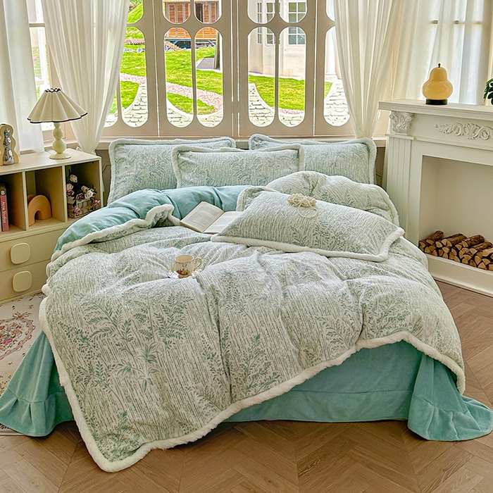 91家纺网 家纺一手货源 找家纺 Mata蔓塔家 2025新款小清新牛奶绒雕花兔毛绒包边四件套 竹影清眠