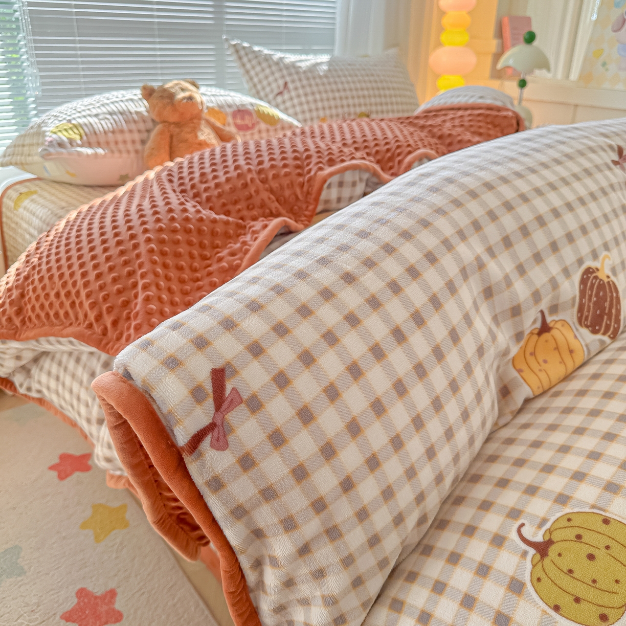 青竹苑 2025新款牛奶绒豆豆绒夹棉床盖款四件套 南瓜派