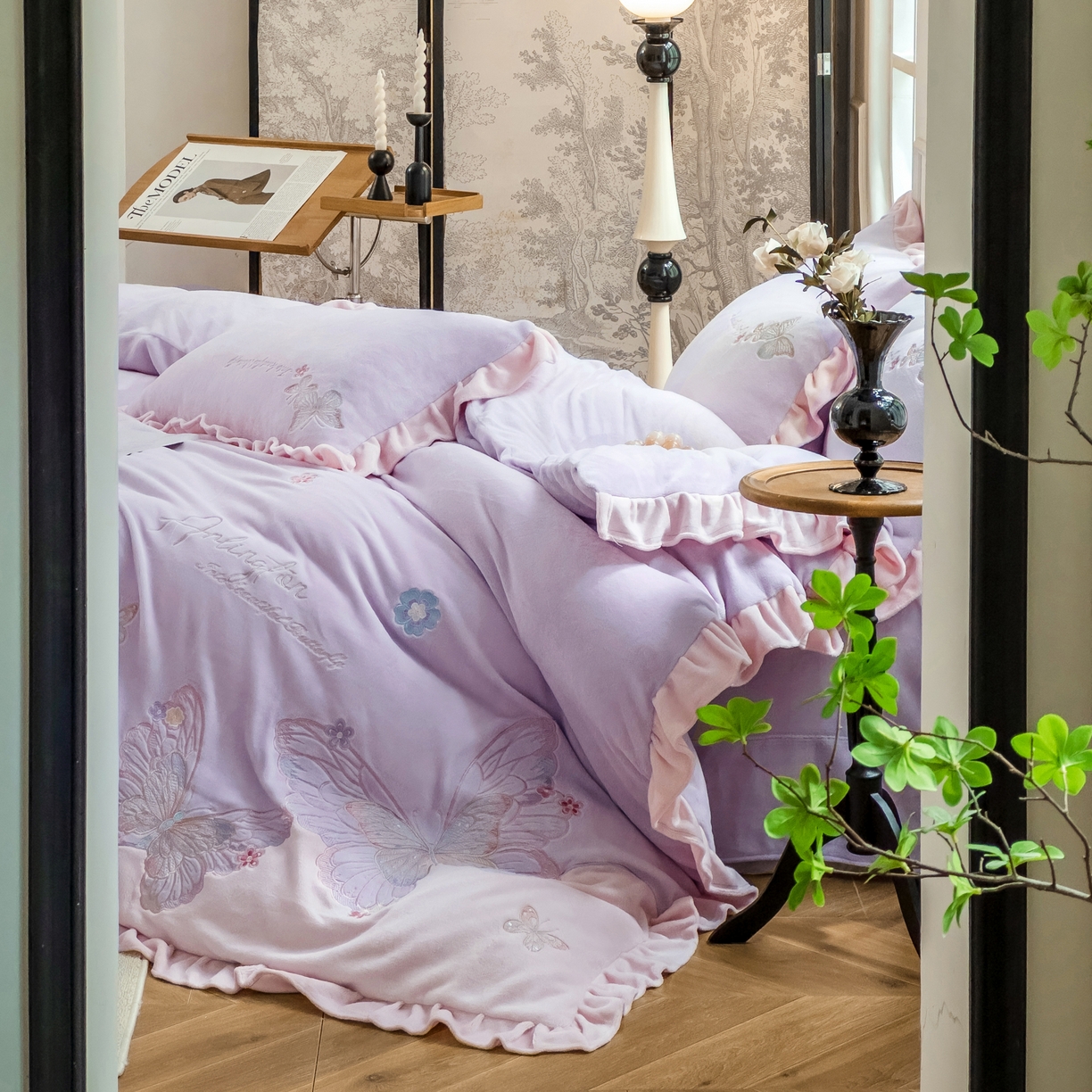 91家纺网 家纺一手货源 找家纺 卡初家居（原微来） 2025秋冬新款A类高克重加厚保暖亲肤牛奶绒四件套--蝶舞系列（提供买家秀） 蝶舞-优雅紫