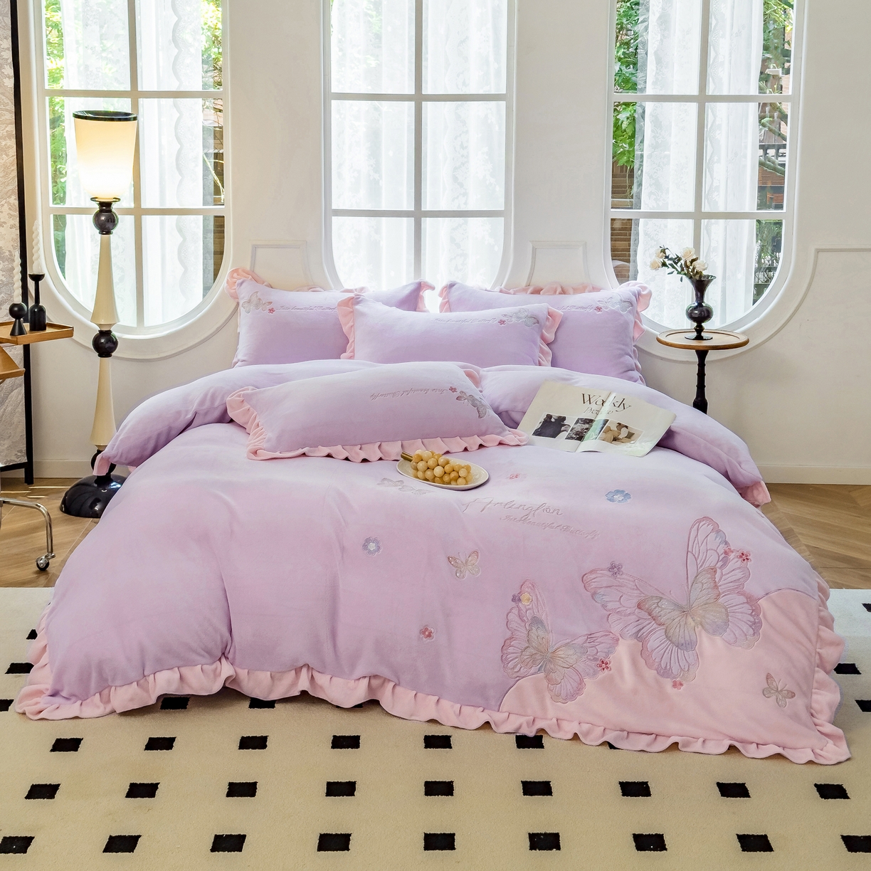 91家纺网 家纺一手货源 找家纺 卡初家居（原微来） 2025秋冬新款A类高克重加厚保暖亲肤牛奶绒四件套--蝶舞系列（提供买家秀） 蝶舞-优雅紫