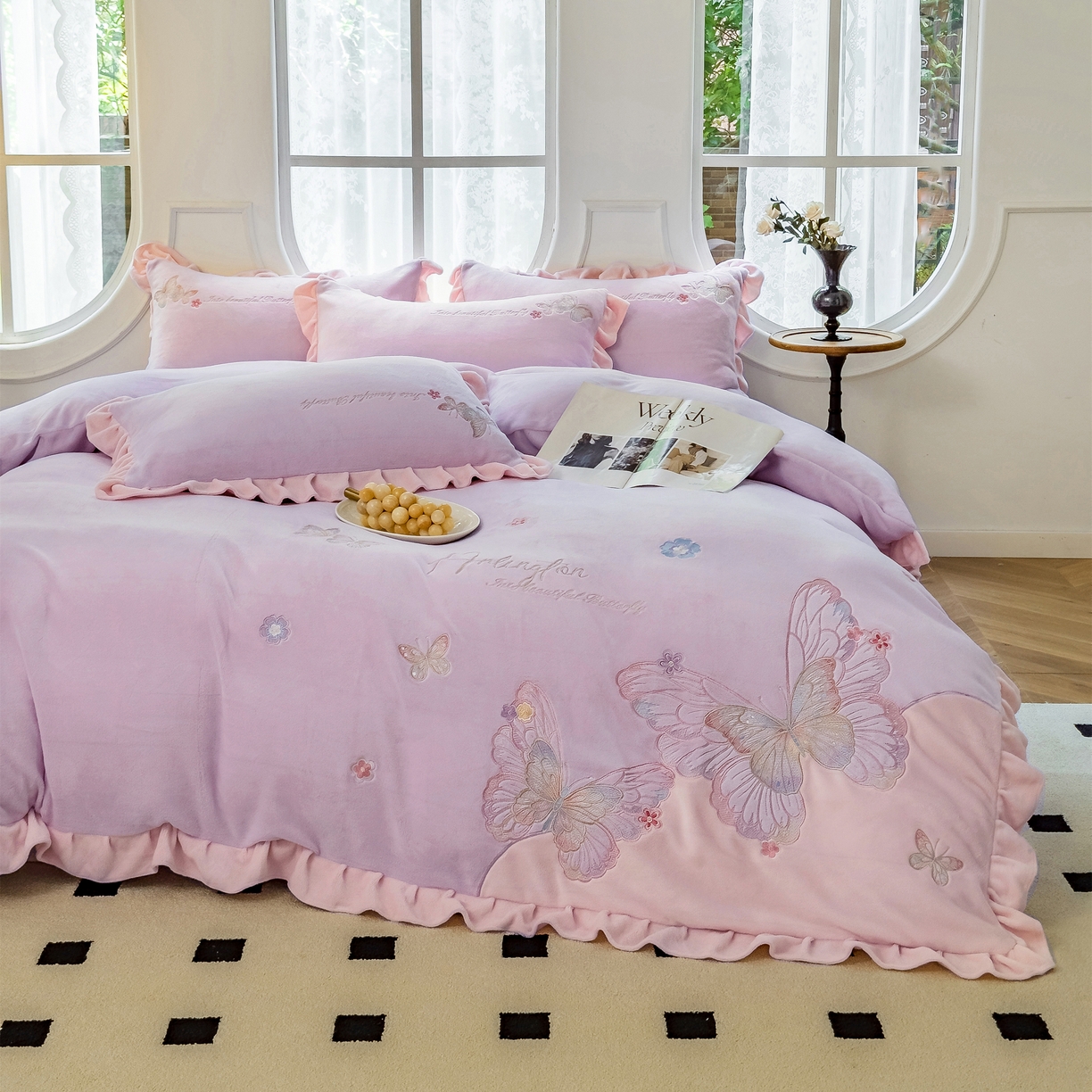 91家纺网 家纺一手货源 找家纺 卡初家居（原微来） 2025秋冬新款A类高克重加厚保暖亲肤牛奶绒四件套--蝶舞系列（提供买家秀） 蝶舞-优雅紫