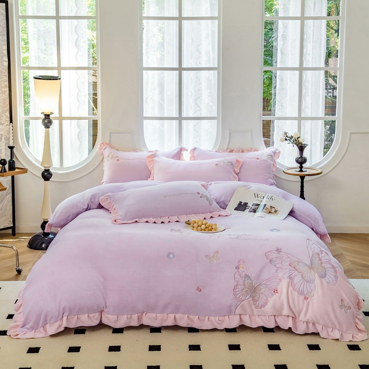 91家纺网 家纺一手货源 找家纺 卡初家居（原微来） 2025秋冬新款A类高克重加厚保暖亲肤牛奶绒四件套--蝶舞系列（提供买家秀） 蝶舞-优雅紫