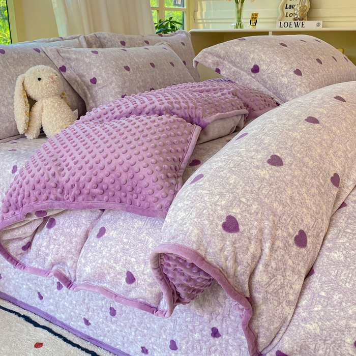 青竹苑 2025新款牛奶绒豆豆绒夹棉床盖款四件套 紫色爱心