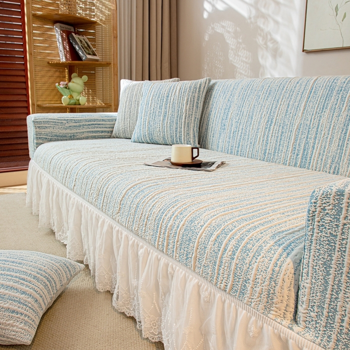 91家纺网 家纺一手货源 找家纺 沐沐家纺 2026新款星弦裙边款沙发套 孔雀蓝