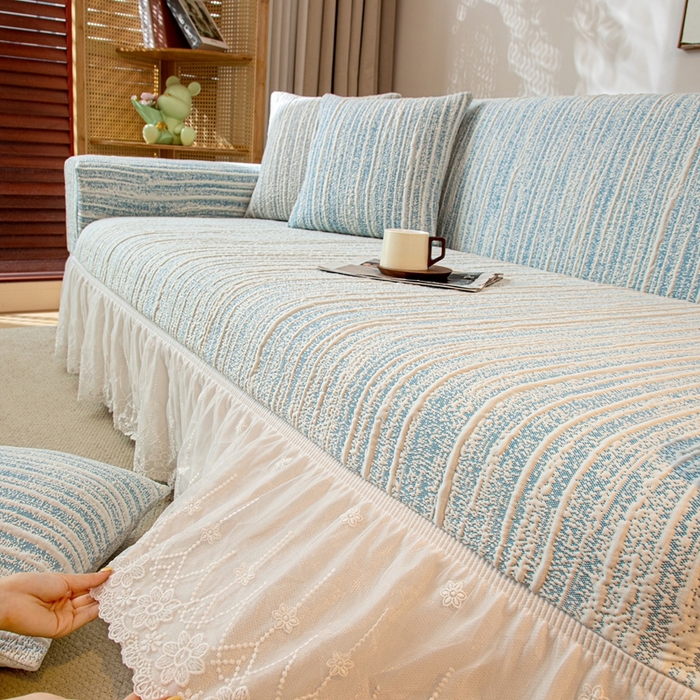 91家纺网 家纺一手货源 找家纺 沐沐家纺 2026新款星弦裙边款沙发套 孔雀蓝