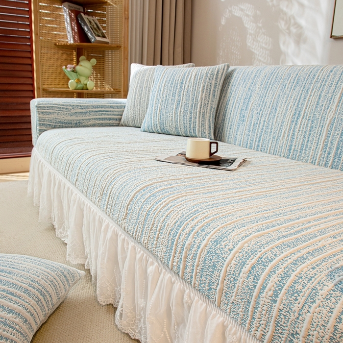 91家纺网 家纺一手货源 找家纺 沐沐家纺 2026新款星弦裙边款沙发套 孔雀蓝