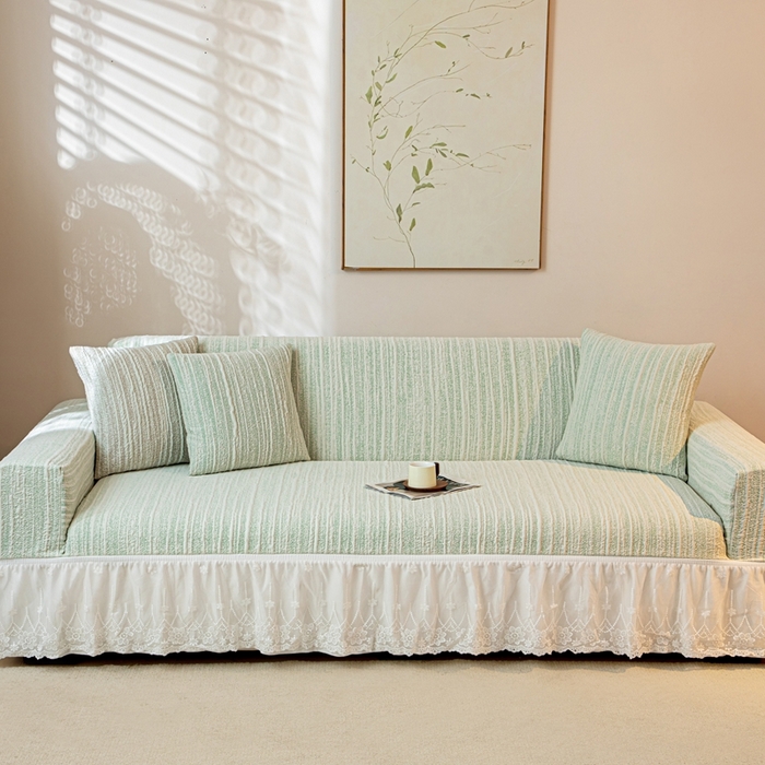 91家纺网 家纺一手货源 找家纺 沐沐家纺 2026新款星弦裙边款沙发套 抹茶绿