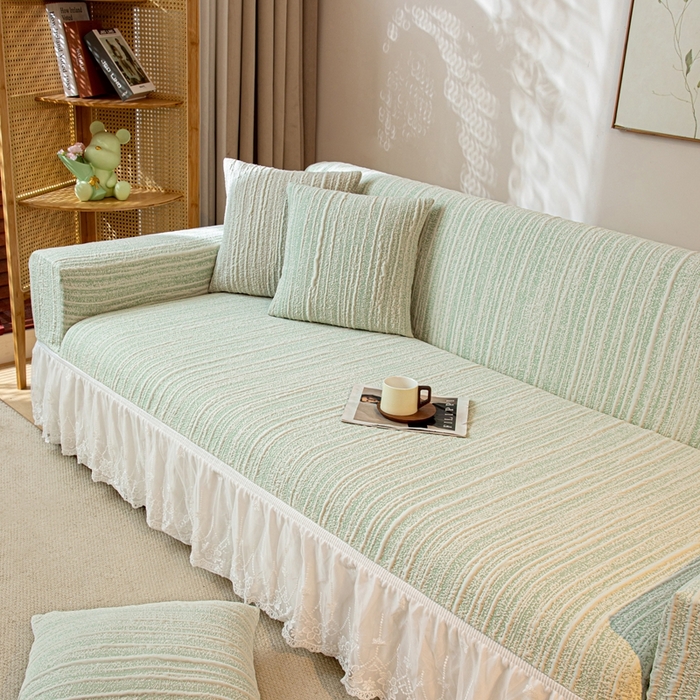 91家纺网 家纺一手货源 找家纺 沐沐家纺 2026新款星弦裙边款沙发套 抹茶绿