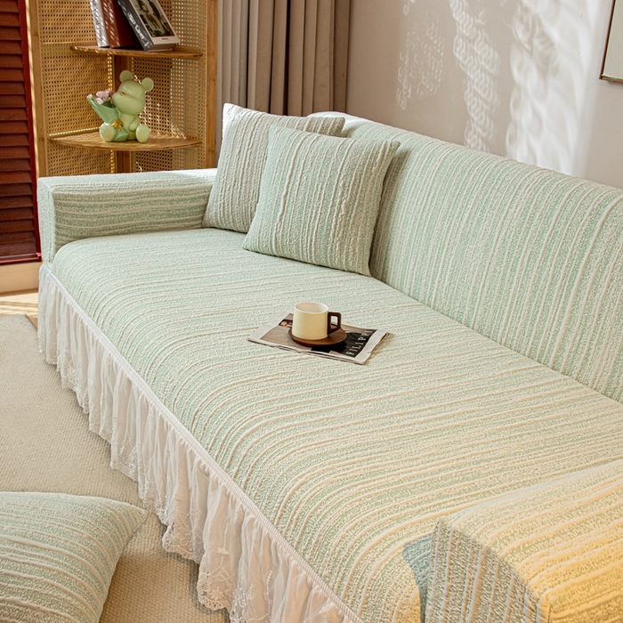 91家纺网 家纺一手货源 找家纺 沐沐家纺 2026新款星弦裙边款沙发套 抹茶绿