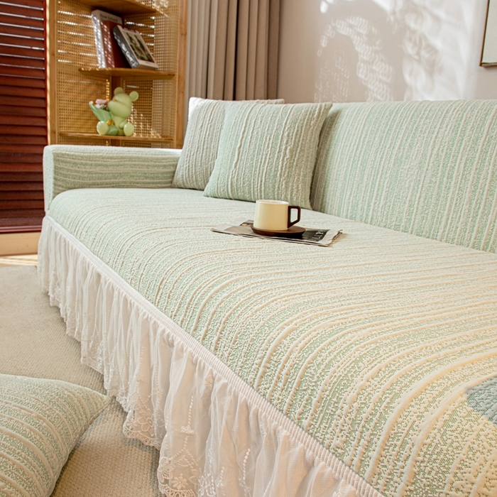 91家纺网 家纺一手货源 找家纺 沐沐家纺 2026新款星弦裙边款沙发套 抹茶绿