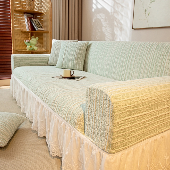 91家纺网 家纺一手货源 找家纺 沐沐家纺 2026新款星弦裙边款沙发套 抹茶绿
