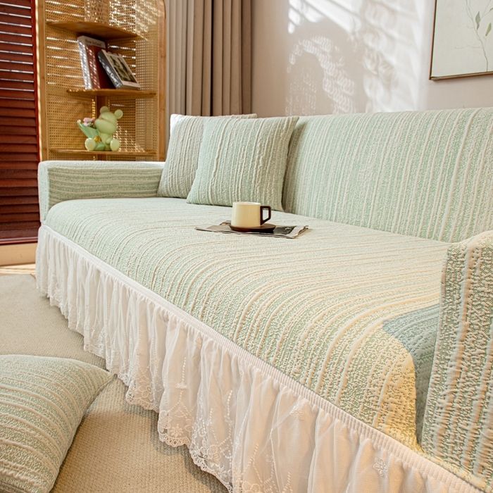 91家纺网 家纺一手货源 找家纺 沐沐家纺 2026新款星弦裙边款沙发套 抹茶绿
