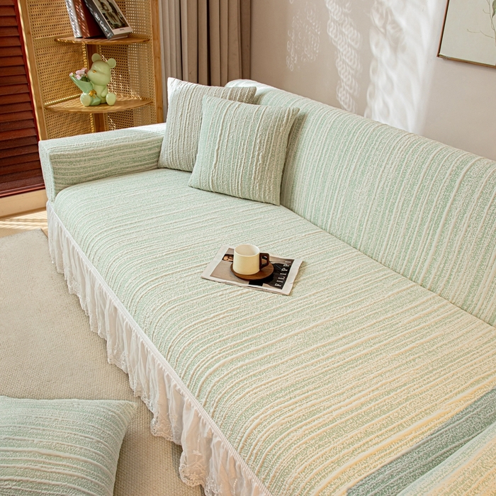 91家纺网 家纺一手货源 找家纺 沐沐家纺 2026新款星弦裙边款沙发套 抹茶绿