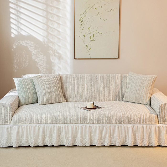 91家纺网 家纺一手货源 找家纺 沐沐家纺 2026新款星弦裙边款沙发套 浅卡其