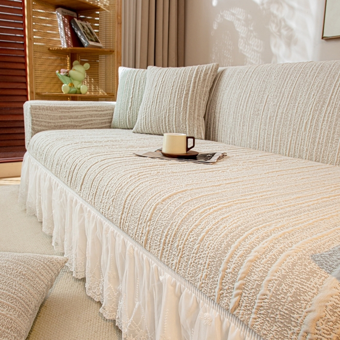 91家纺网 家纺一手货源 找家纺 沐沐家纺 2026新款星弦裙边款沙发套 浅卡其