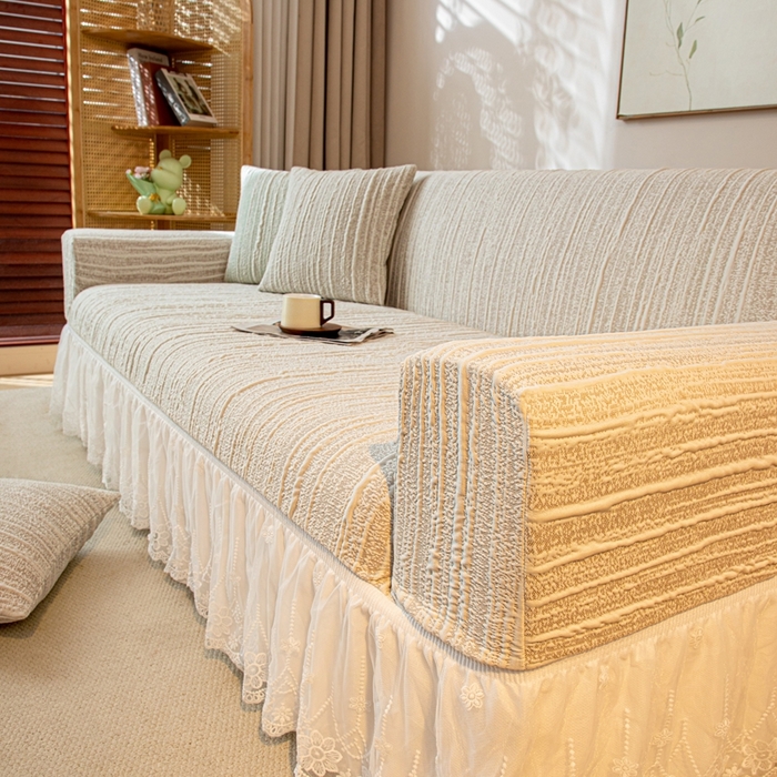 91家纺网 家纺一手货源 找家纺 沐沐家纺 2026新款星弦裙边款沙发套 浅卡其