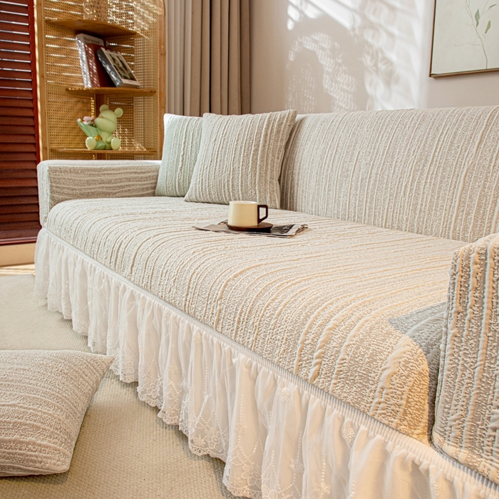 91家纺网 家纺一手货源 找家纺 沐沐家纺 2026新款星弦裙边款沙发套 浅卡其