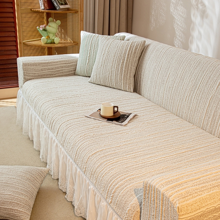 91家纺网 家纺一手货源 找家纺 沐沐家纺 2026新款星弦裙边款沙发套 浅卡其