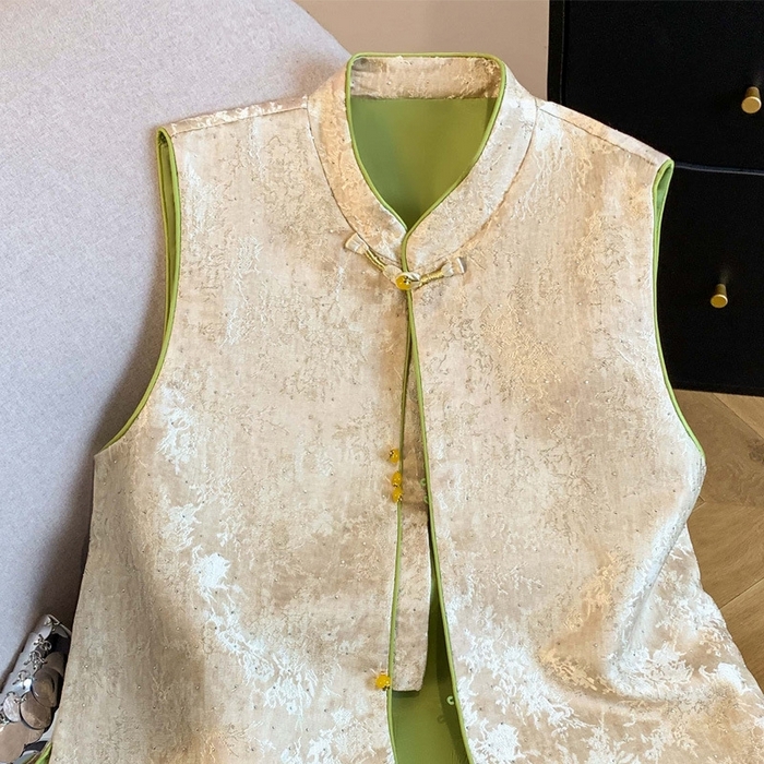 91家纺网 家纺一手货源 找家纺 （总）洛兰沙家居馆【只代发】【只代发】 2025新款复古织锦缎细纱棉麻拼接马甲背心刺绣中式盘扣上衣